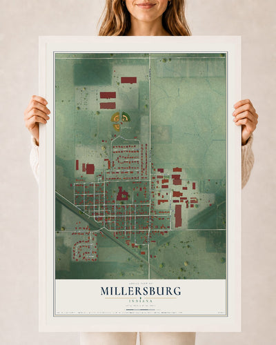 Map of Millersburg, Indiana, 24 x 36 inch print in a white wood frame