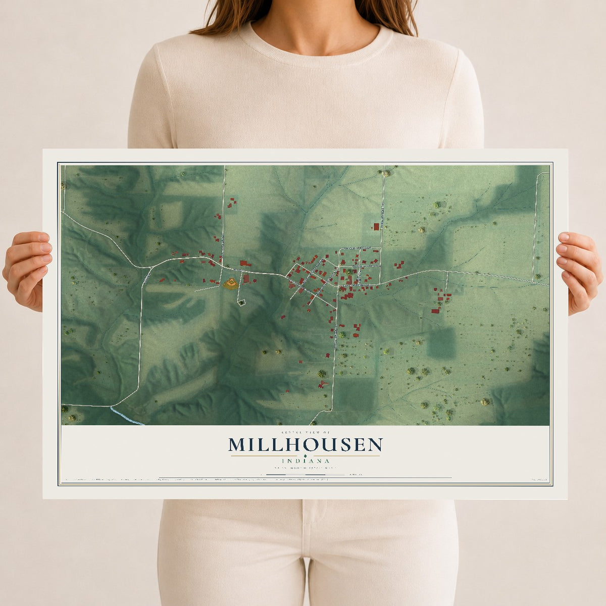 Map of Millhousen, Indiana, 12 x 18 inch unframed archival matte print