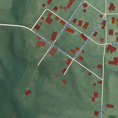 Close-up of the map of Millhousen, Indiana print showing street and building detail