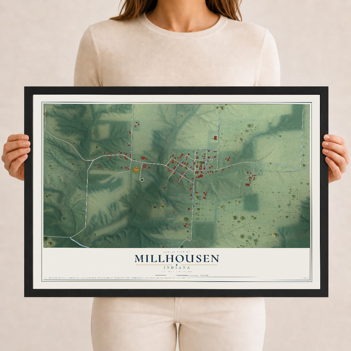 Map of Millhousen, Indiana, 12 x 18 inch print in a black wood frame