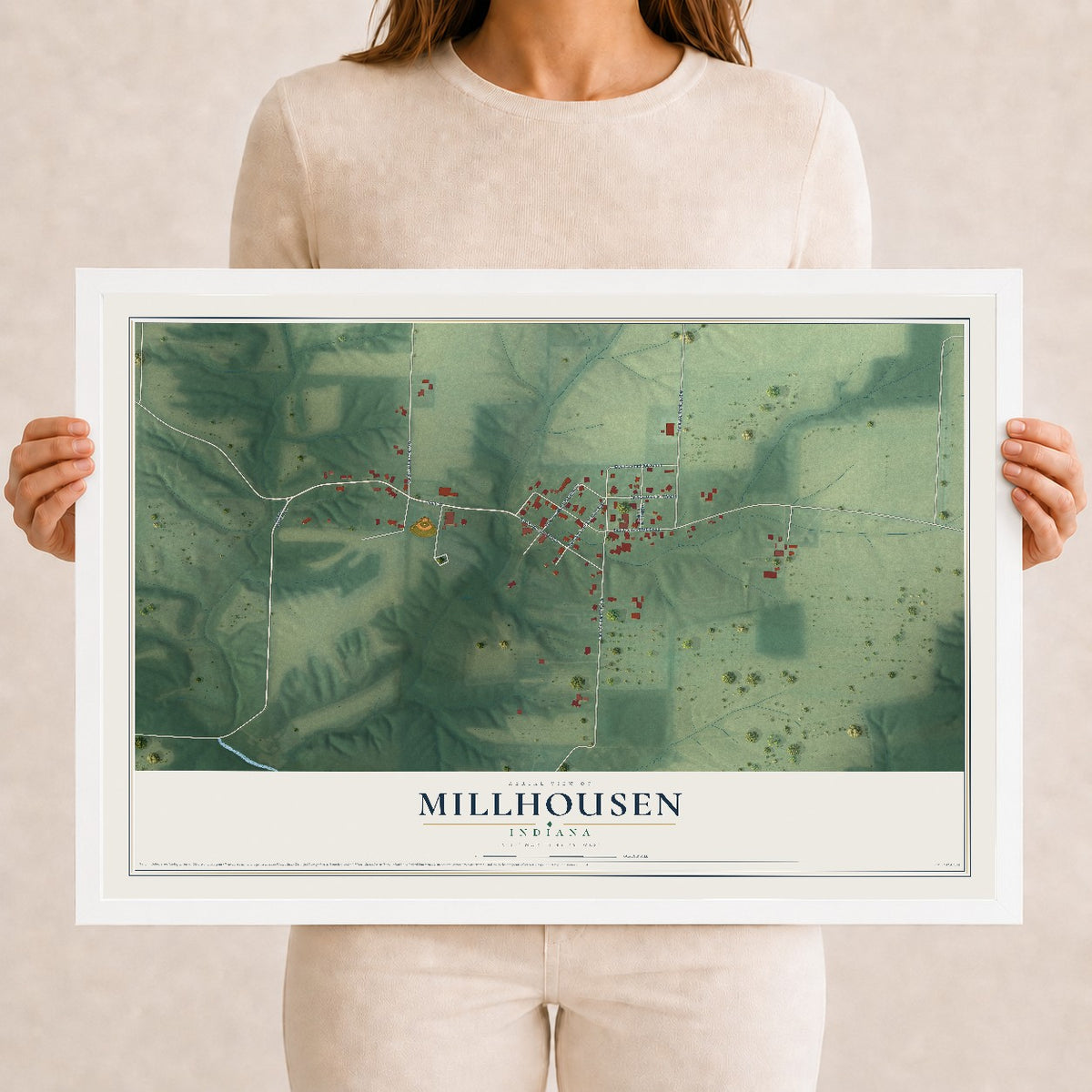 Map of Millhousen, Indiana, 12 x 18 inch print in a white wood frame