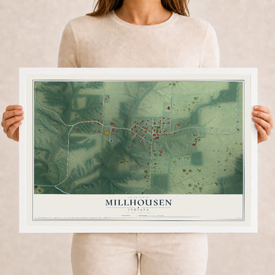 Map of Millhousen, Indiana, 12 x 18 inch print in a white wood frame