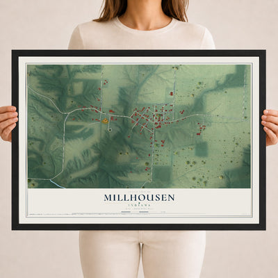 Map of Millhousen, Indiana, 18 x 24 inch print in a black wood frame