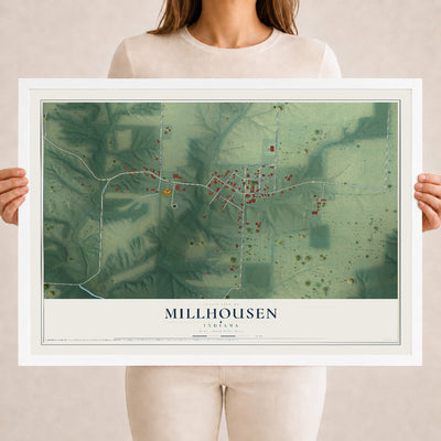 Map of Millhousen, Indiana, 18 x 24 inch print in a white wood frame
