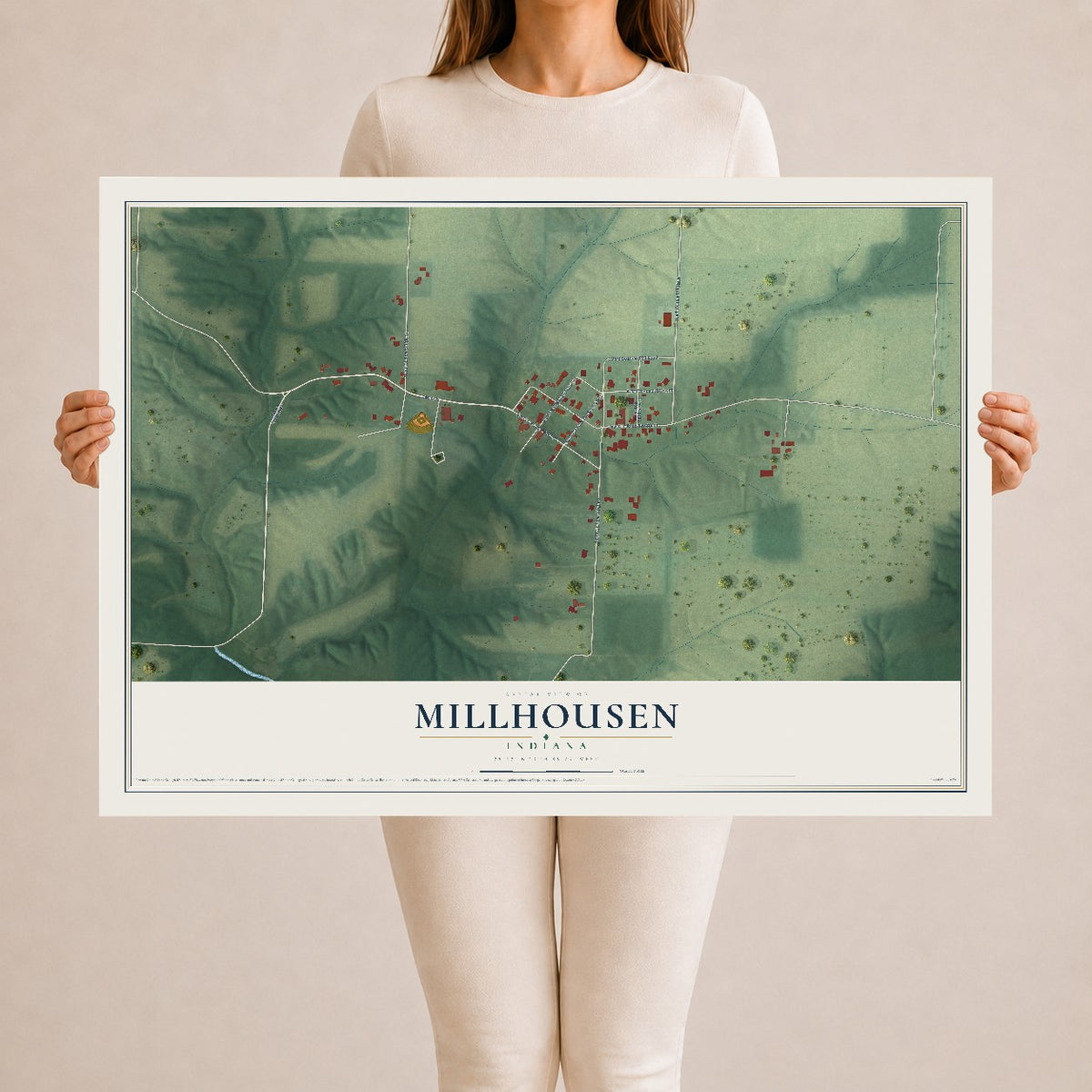 Map of Millhousen, Indiana, 24 x 36 inch unframed archival matte print