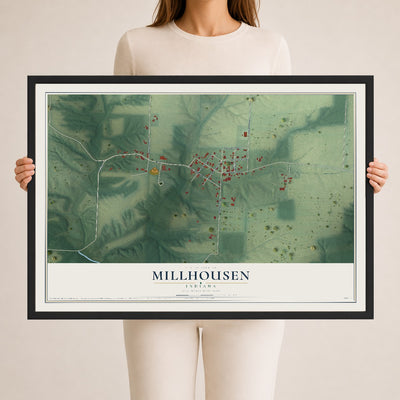 Map of Millhousen, Indiana, 24 x 36 inch print in a black wood frame