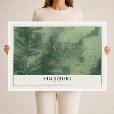 Map of Millhousen, Indiana, 24 x 36 inch print in a white wood frame