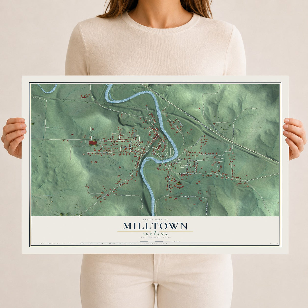 Map of Milltown, Indiana, 12 x 18 inch unframed archival matte print