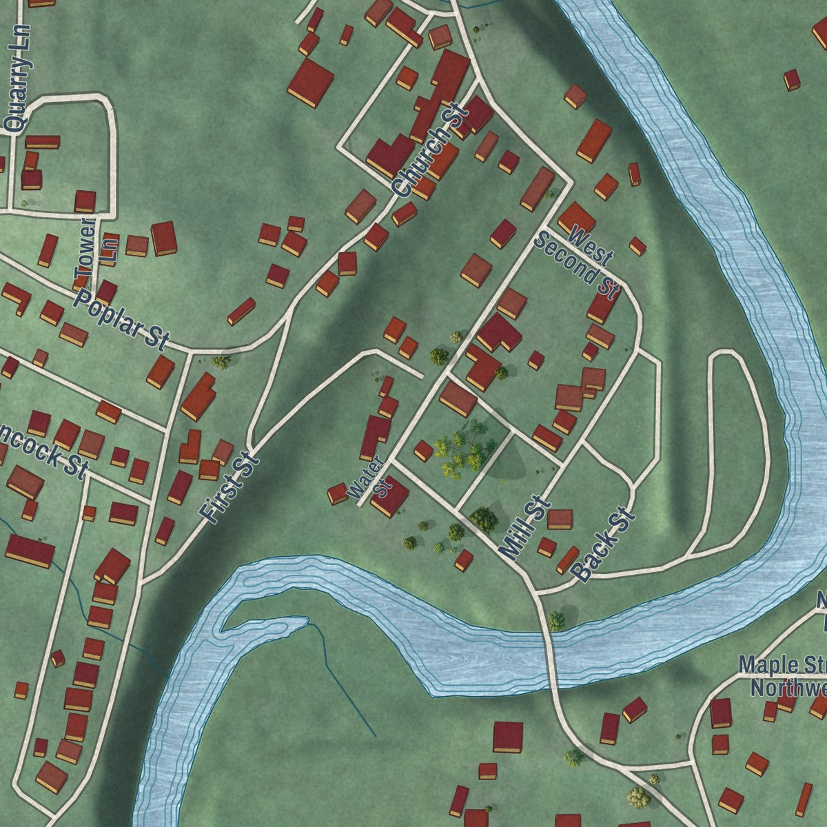 Close-up of the map of Milltown, Indiana print showing street and building detail