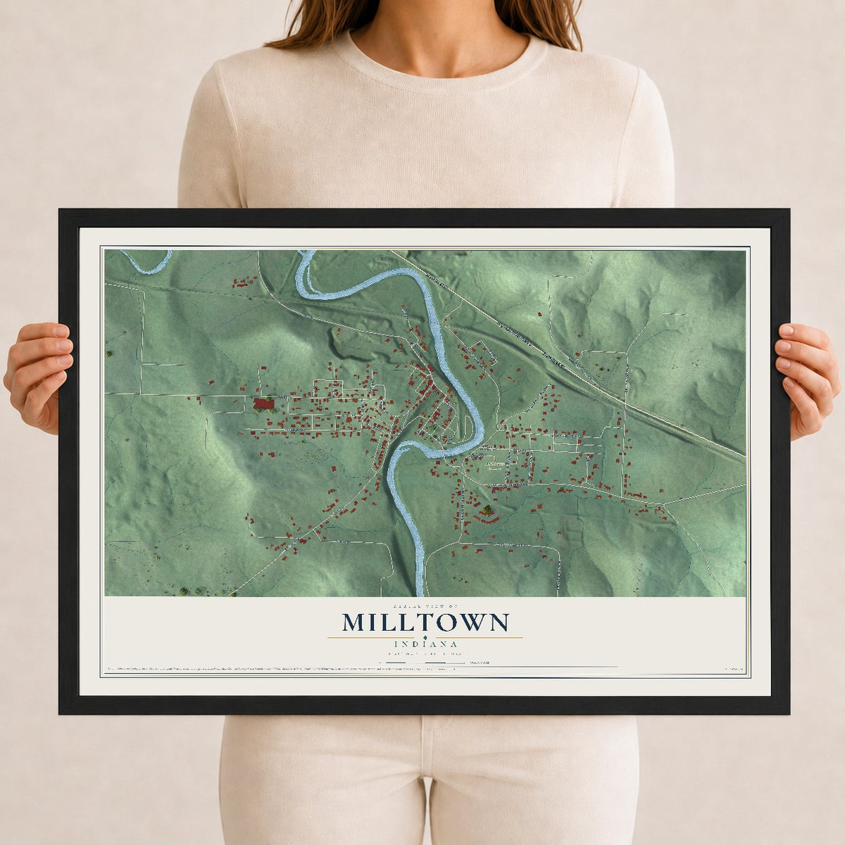 Map of Milltown, Indiana, 12 x 18 inch print in a black wood frame