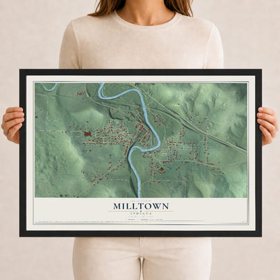 Map of Milltown, Indiana, 12 x 18 inch print in a black wood frame