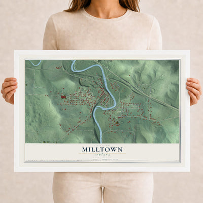 Map of Milltown, Indiana, 12 x 18 inch print in a white wood frame