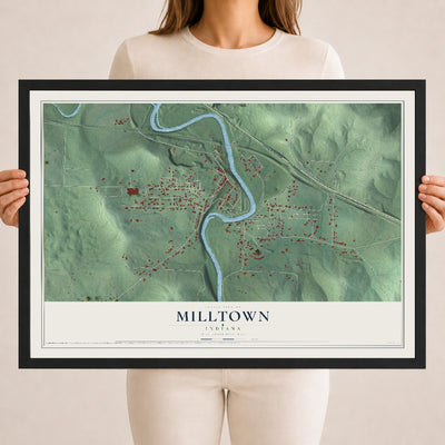 Map of Milltown, Indiana, 18 x 24 inch print in a black wood frame