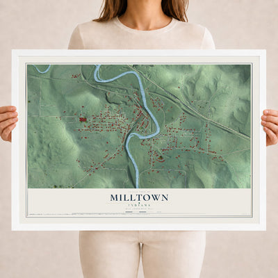 Map of Milltown, Indiana, 18 x 24 inch print in a white wood frame