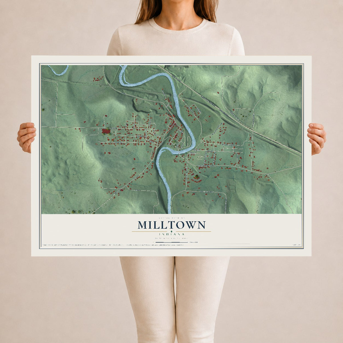 Map of Milltown, Indiana, 24 x 36 inch unframed archival matte print