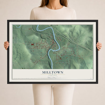 Map of Milltown, Indiana, 24 x 36 inch print in a black wood frame