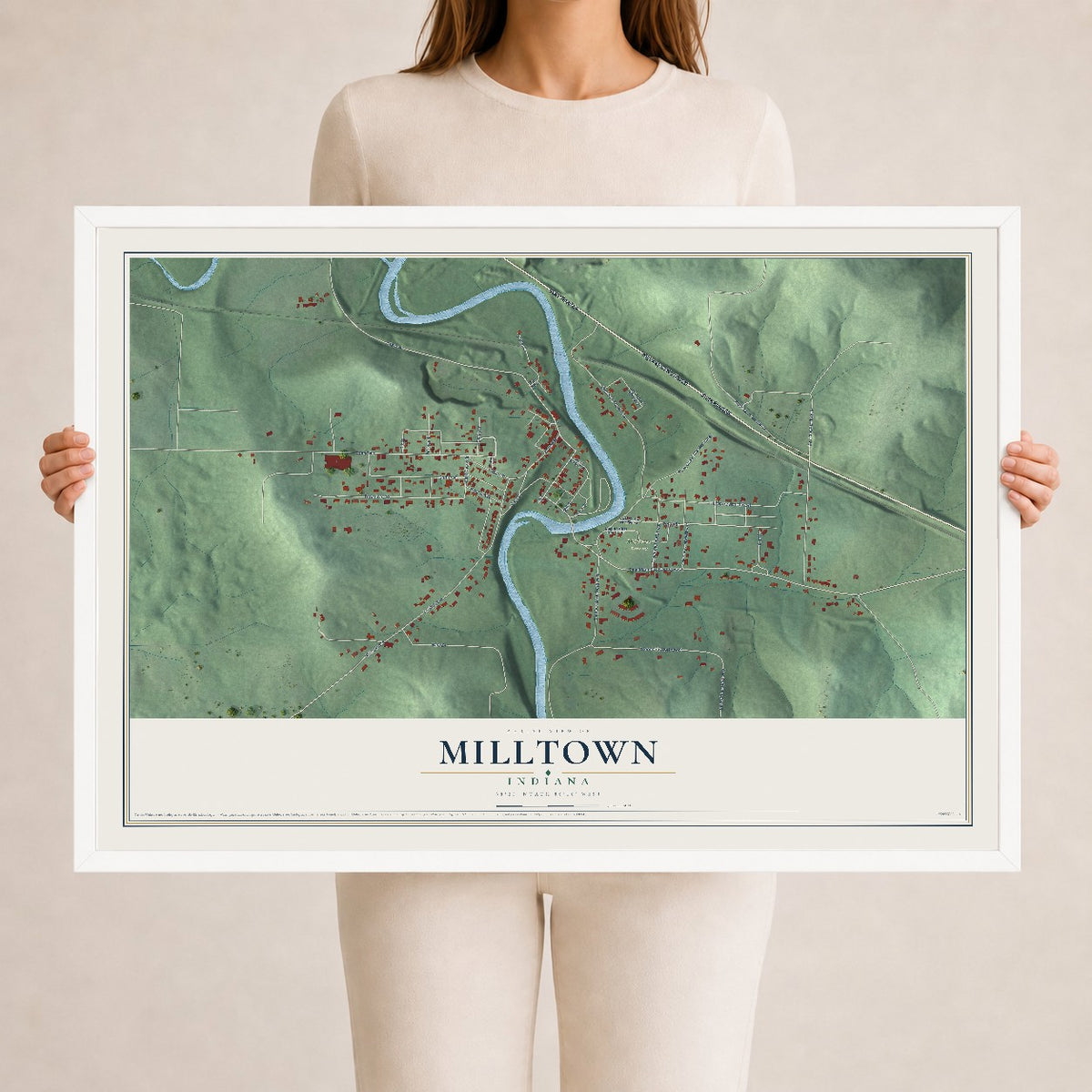 Map of Milltown, Indiana, 24 x 36 inch print in a white wood frame