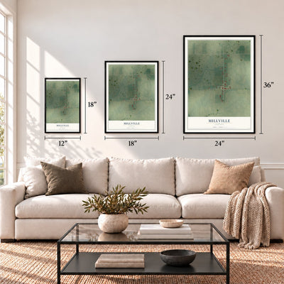Millville, Indiana map in 12 x 18, 18 x 24 and 24 x 36 inch sizes above a sofa