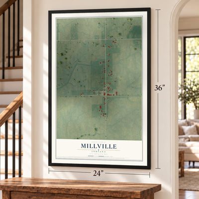 Millville, Indiana map, 24 x 36 inch print in a black frame by a staircase
