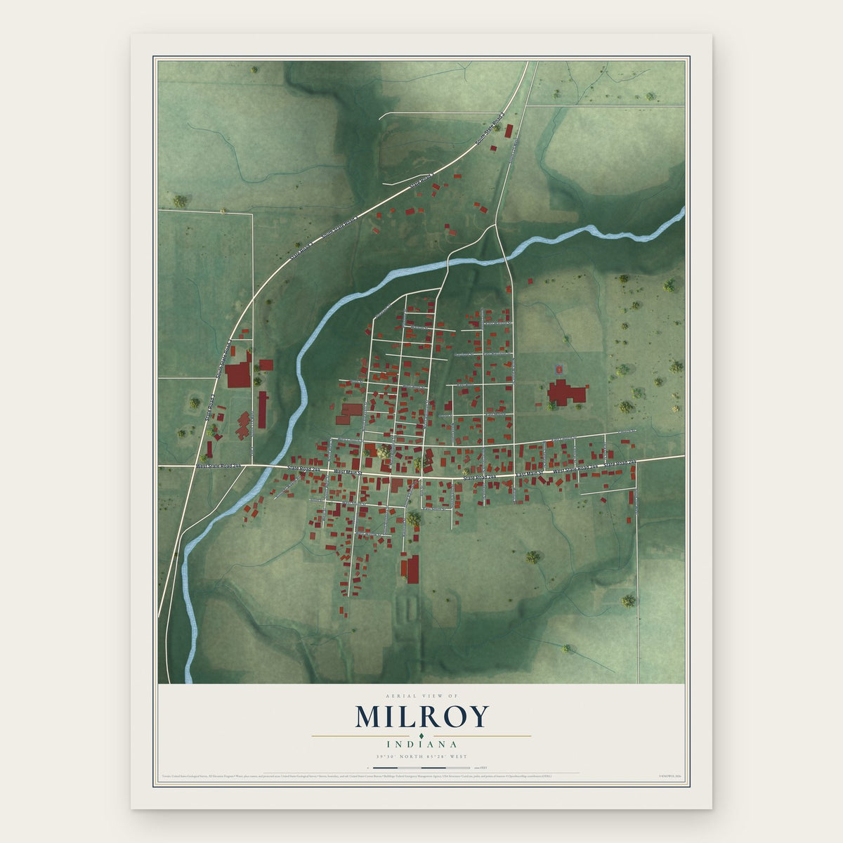 Milroy, Indiana map print, the full design