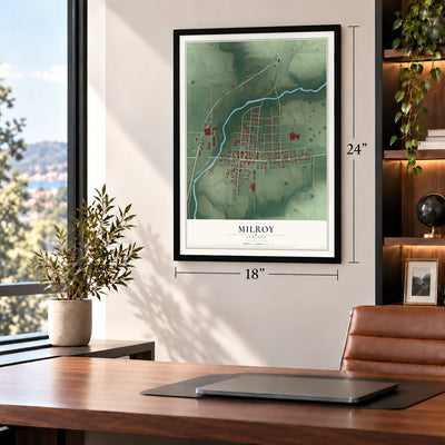 Milroy, Indiana map, 18 x 24 inch print in a black frame in a home office