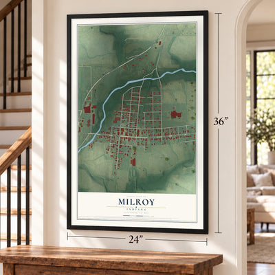 Milroy, Indiana map, 24 x 36 inch print in a black frame by a staircase