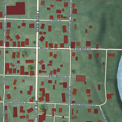 Close-up of the map of Milton, Indiana print showing street and building detail