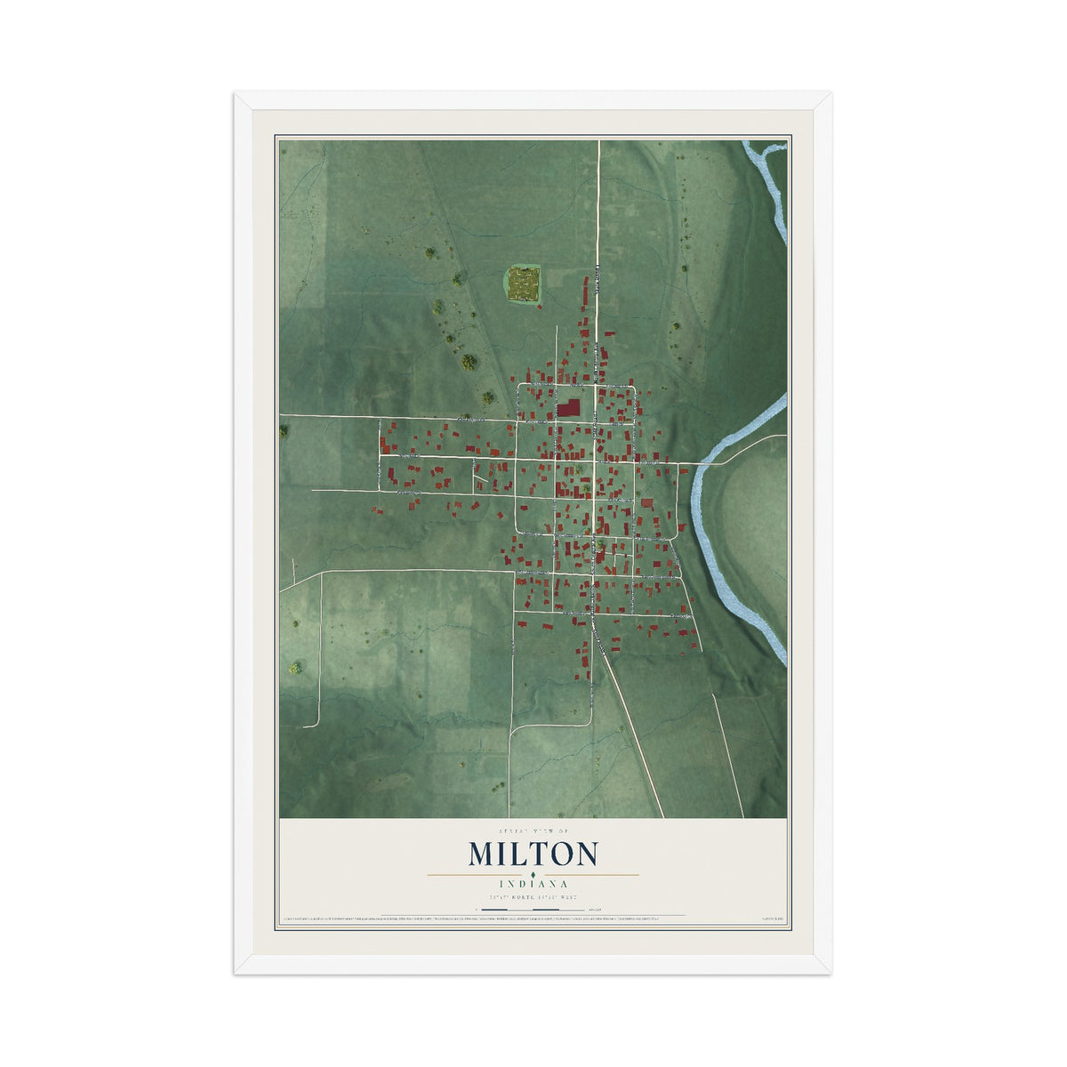 Map of Milton, Indiana, 12 x 18 inch print in a white wood frame