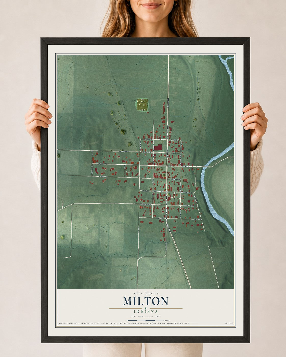 Map of Milton, Indiana, 24 x 36 inch print in a black wood frame