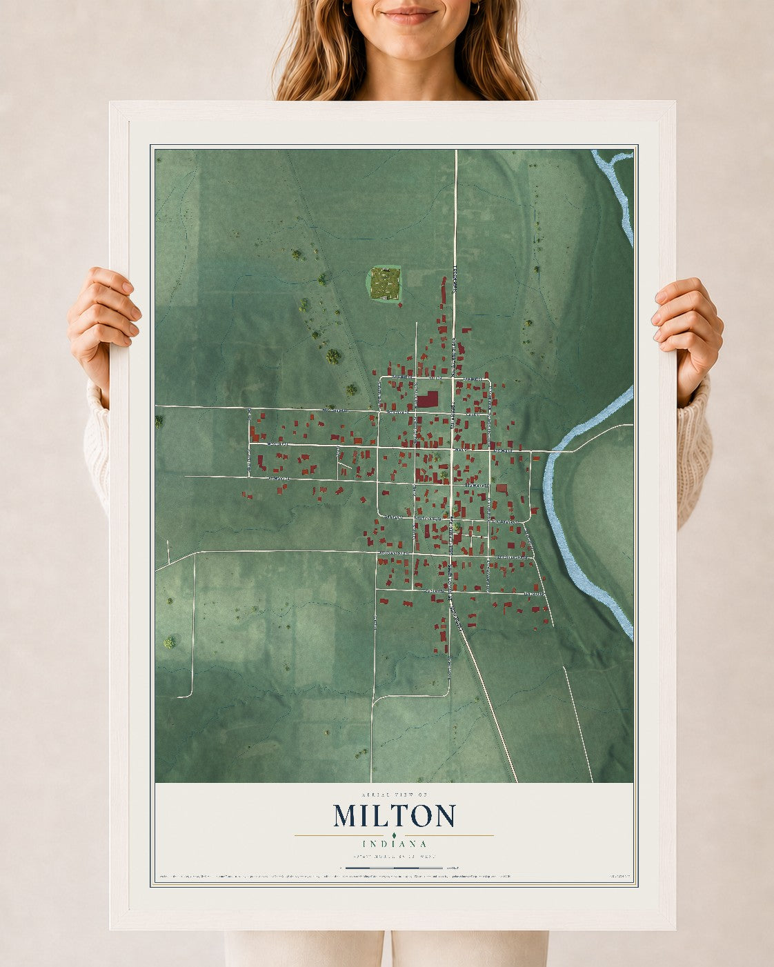 Map of Milton, Indiana, 24 x 36 inch print in a white wood frame