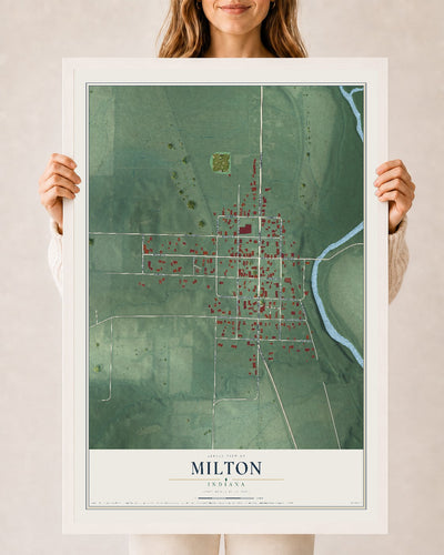 Map of Milton, Indiana, 24 x 36 inch print in a white wood frame