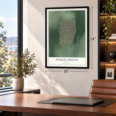 Mineral Springs, Indiana map, 18 x 24 inch print in a black frame in a home office