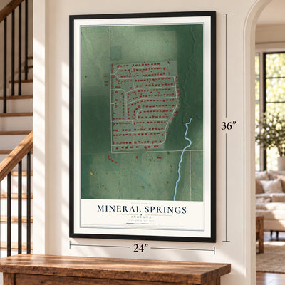 Mineral Springs, Indiana map, 24 x 36 inch print in a black frame by a staircase