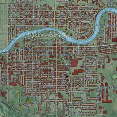 Close-up of the map of Mishawaka, Indiana print showing street and building detail