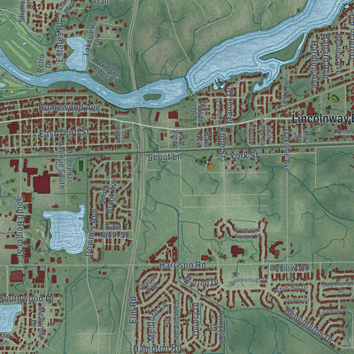 Second close-up of the map of Mishawaka, Indiana print showing more streets and buildings