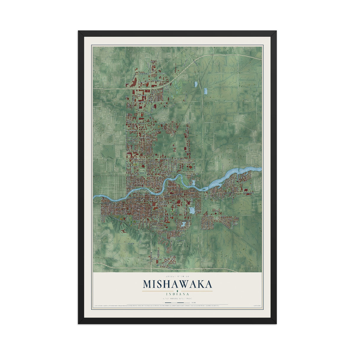 Map of Mishawaka, Indiana, 12 x 18 inch print in a black wood frame