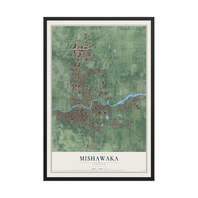 Map of Mishawaka, Indiana, 12 x 18 inch print in a black wood frame