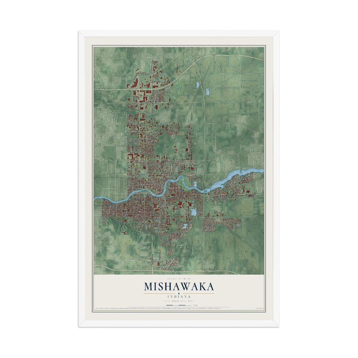 Map of Mishawaka, Indiana, 12 x 18 inch print in a white wood frame