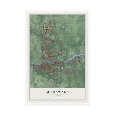 Map of Mishawaka, Indiana, 12 x 18 inch print in a white wood frame