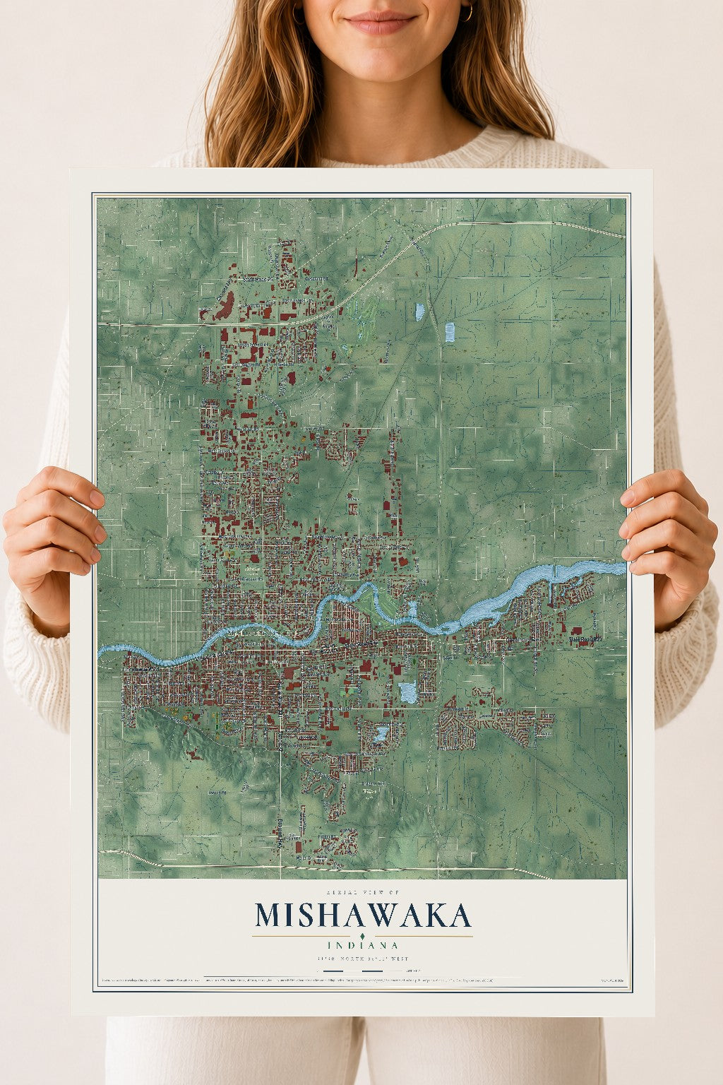Map of Mishawaka, Indiana, 18 x 24 inch unframed archival matte print