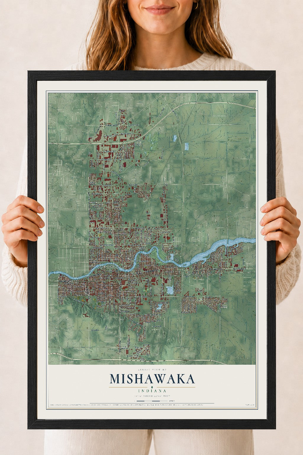 Map of Mishawaka, Indiana, 18 x 24 inch print in a black wood frame