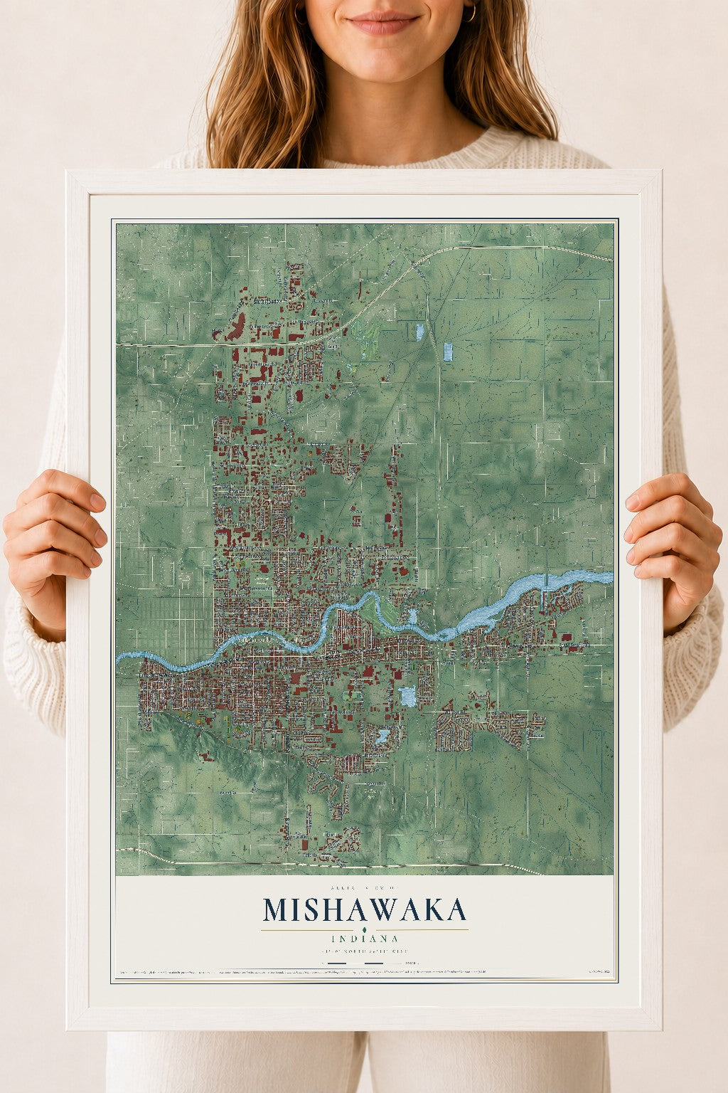 Map of Mishawaka, Indiana, 18 x 24 inch print in a white wood frame