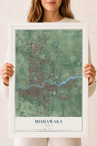 Map of Mishawaka, Indiana, 18 x 24 inch print in a white wood frame