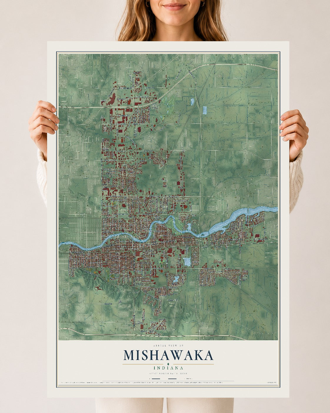 Map of Mishawaka, Indiana, 24 x 36 inch unframed archival matte print