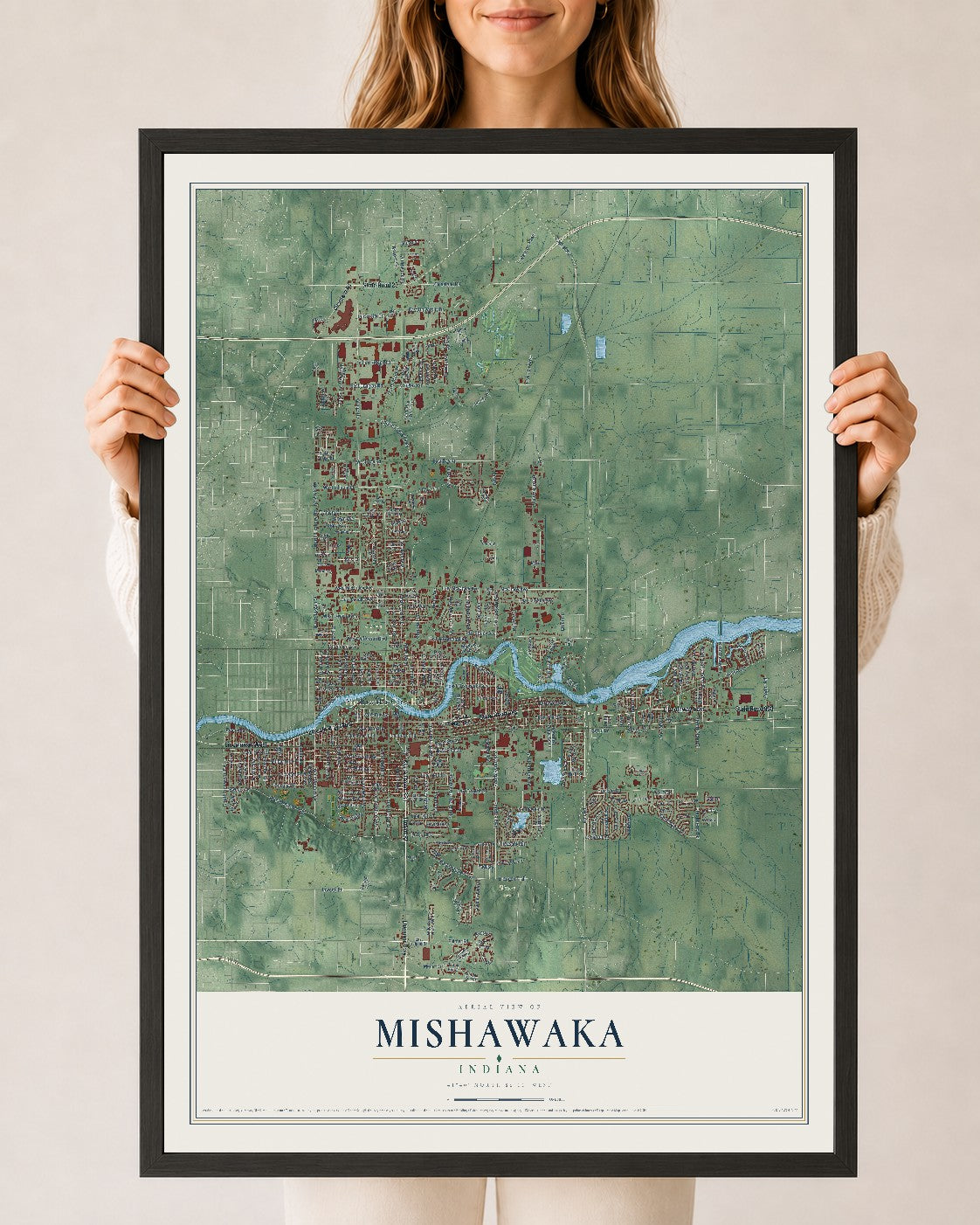 Map of Mishawaka, Indiana, 24 x 36 inch print in a black wood frame