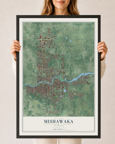 Map of Mishawaka, Indiana, 24 x 36 inch print in a black wood frame