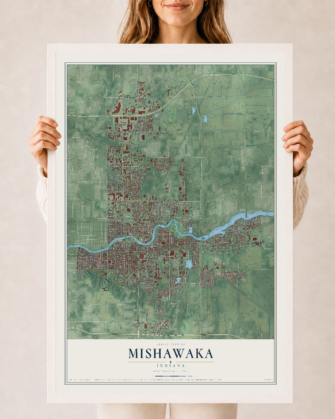 Map of Mishawaka, Indiana, 24 x 36 inch print in a white wood frame