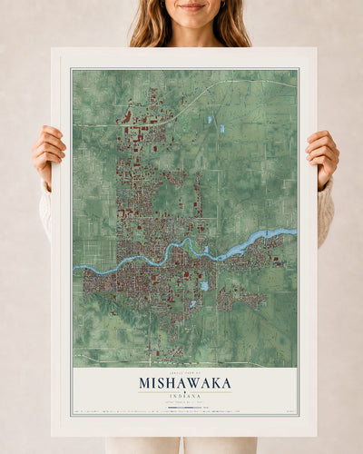 Map of Mishawaka, Indiana, 24 x 36 inch print in a white wood frame