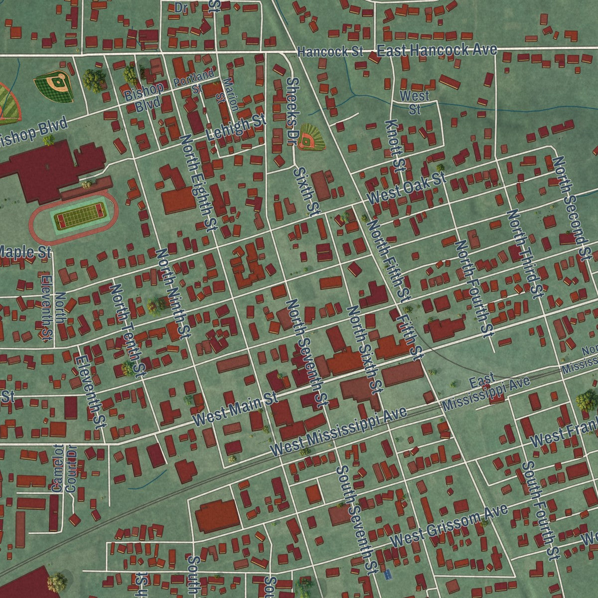 Close-up of the map of Mitchell, Indiana print showing street and building detail