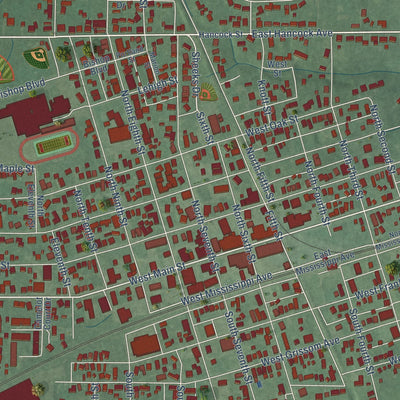 Close-up of the map of Mitchell, Indiana print showing street and building detail